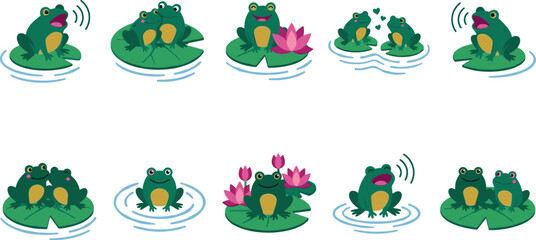 Fototapeta premium Cute Cartoon Frog Character Set on Lily Pad and Lotus Flowers Showing Croaking Singing and Love Expressions for Children Graphic Designs