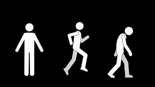 Three vector stick figures doing jumping jacks running and walking
