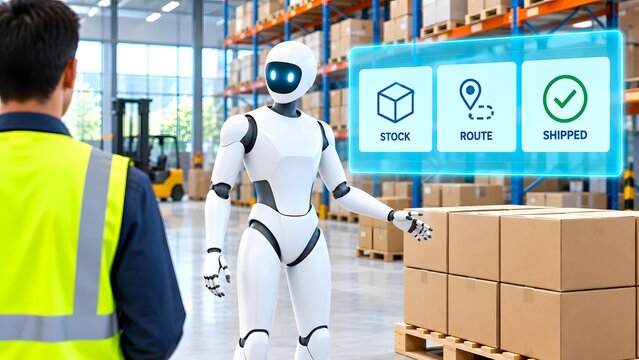 Humanoid robot in a warehouse with stock and route panels