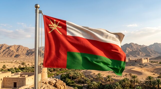 Oman flag waving over a desert landscape with traditional fort architecture