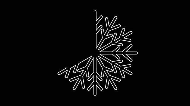 White snowflake illustration growing and shrinking on black background simple minimal graphic animation for winter holiday.