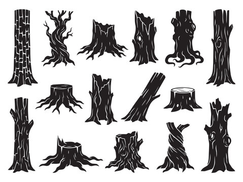 Set of various tree trunks and stump silhouettes for landscape design with forest elements nature silhouettes woodland graphics black icons vector trees twisted trees dead trees