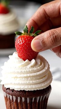Hand placing a fresh red strawberry on top of whipped cream icing on a chocolate cupcake