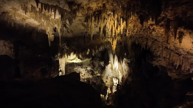 Illuminated stalactites and stalagmites in a cave.