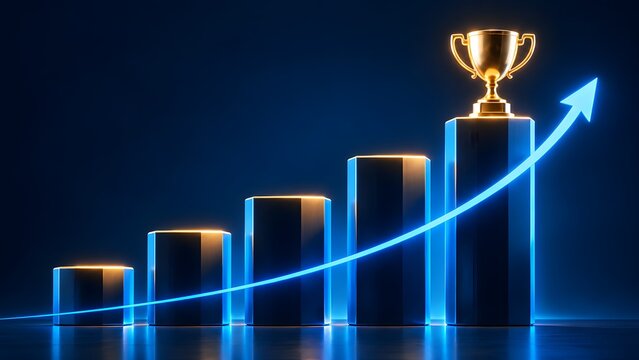 Business growth chart with glowing upward arrow and golden trophy representing financial success and corporate achievement