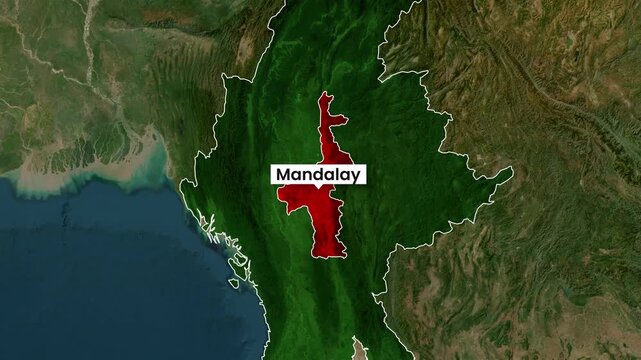 Mandalay region highlighted on satellite map of Myanmar video clip