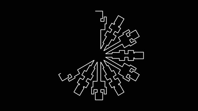 Minimalist digital snowflake loading animation outline style rotating pattern on black background for motion graphic design.