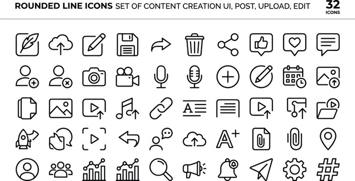 Rounded line content creation UI icons set featuring post upload editing media tools and social interaction elements for digital applications