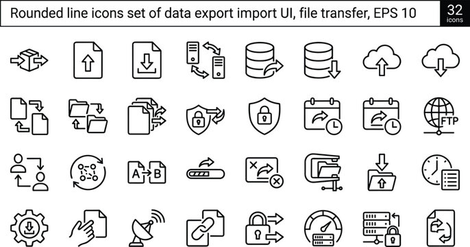 Rounded Line Data Export Import Icon Set With File Transfer Cloud Upload Download And Secure Workflow Symbols