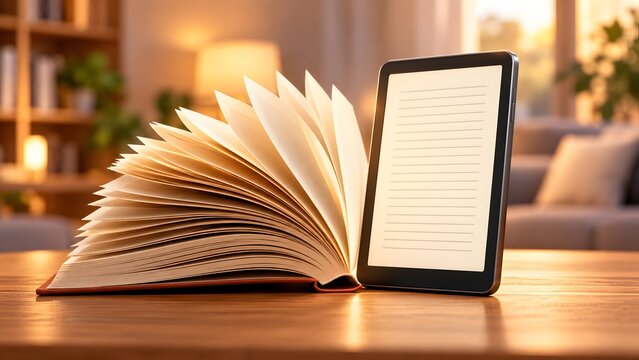 Digital reading literature concept featuring blank electronic reader tablet standing beside traditional open physical book in warm cozy interior