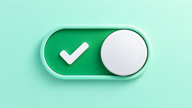 Green toggle switch in on position with checkmark icon for user interface activation and positive confirmation concept