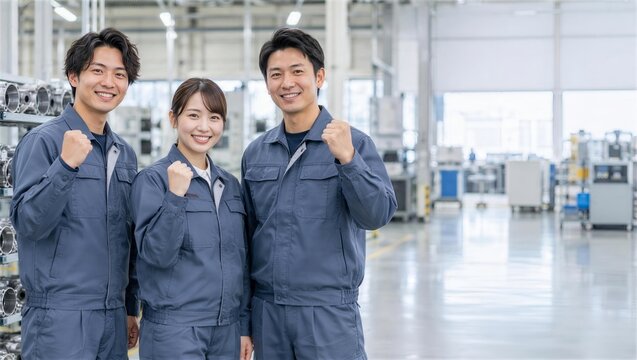 組立設備の前でそろってガッツポーズをする作業服の男女3人