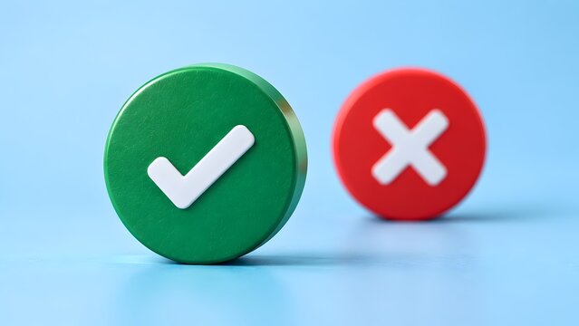 Green checkmark validation button in focus against blurred red cross representing positive confirmation and decision making