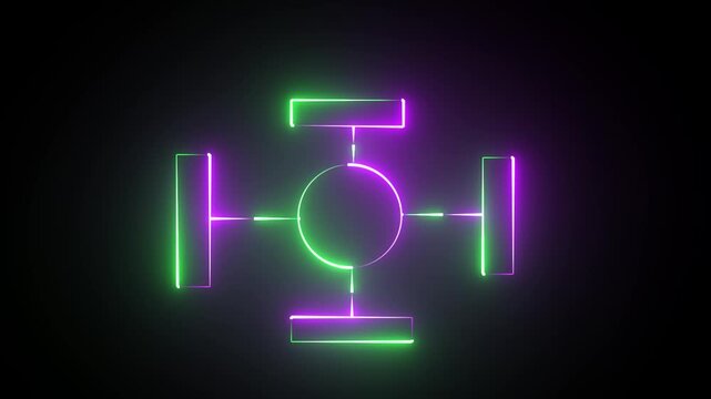 Glowing Neon Green and Purple Circle Diagram with Four Connected Rectangles on Dark Background, Futuristic Network Hub Concept Illustration