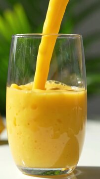 Thick yellow mango smoothie pouring into a clear glass with smooth creamy texture
