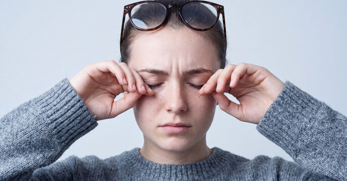 Tired young woman rubbing her tired eyes wearing stylish glasses and a cozy grey knitted sweater