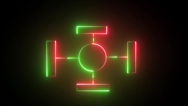 Glowing Neon Green and Red Circle Diagram with Four Connected Rectangles on Dark Background, Futuristic Network Hub Concept Illustration