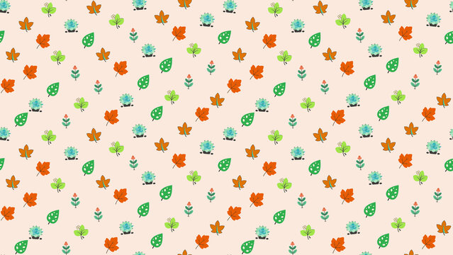 Seamless pattern of autumn leaves and succulents