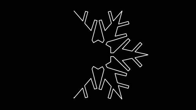 Minimalist white line snowflake drawing animation revealing detailed crystal structure on simple solid black background loop.