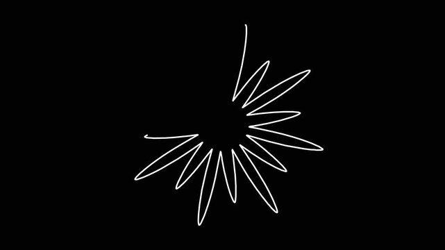Minimalist flower shape drawing in white continuous line style over simple black background for modern motion graphic loop.