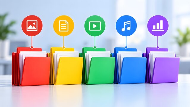 Multimedia file management concept showing colorful document folders sorted with floating icons for image video audio and data analytics