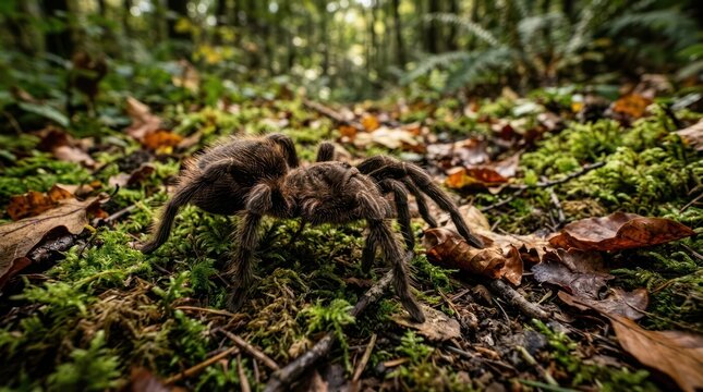 Creative Close Up of Dark Brown Tarantula Spider on Lush Green Mossy Forest Floor with Fallen Leaves