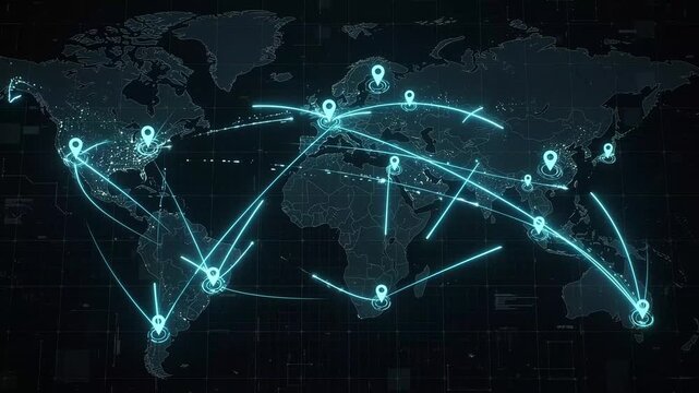 Top down view of glowing blue world map with interactive GPS location pins and data lines