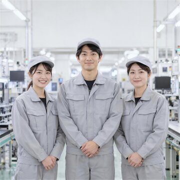 組立設備の前に並ぶグレーの作業服と帽子の男女3人