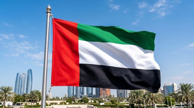 United Arab Emirates flag waving against a clear blue sky in Abu Dhabi