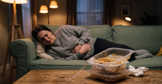Unhappy young woman lying on living room couch holding her painful stomach after eating unhealthy junk food take out