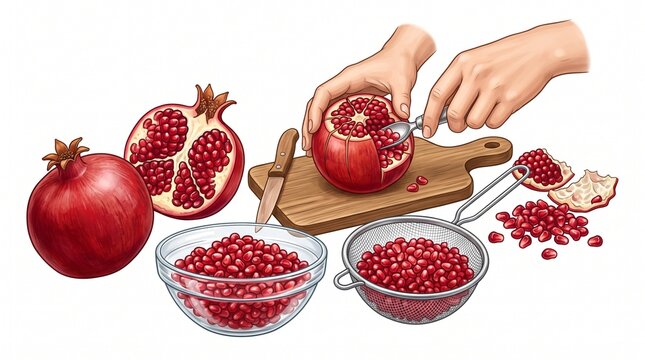 Hands preparing fresh pomegranate seeds by scooping them out of the fruit onto a wooden cutting board with a knife and spoon