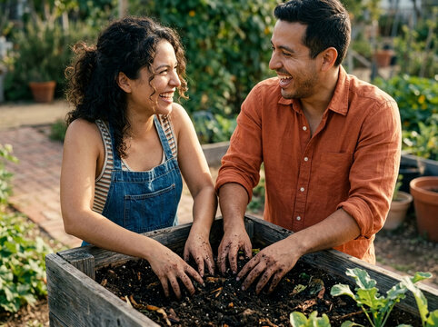 Happy Hispanic couple laughing while gardening together in a community garden, mixing soil in a wooden planter box on a sunny day.