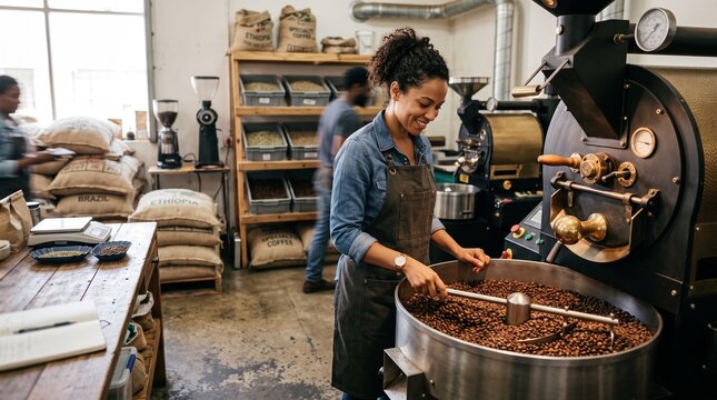 Smiling woman roasting coffee beans in a modern roastery with burlap sacks and equipment in the background