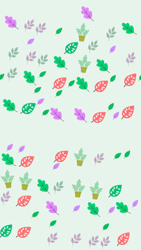 Seamless pattern of stylized leaves and potted plants