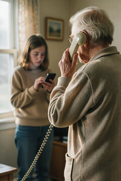 Family Verifying a Phone Call Together - Fraud Awareness Concept.