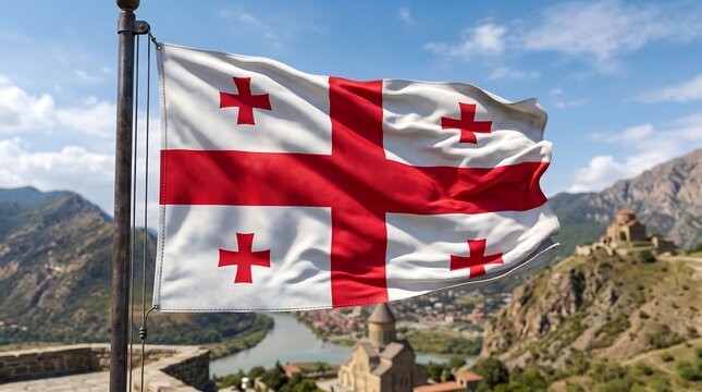 National flag of Georgia waving against a scenic mountain landscape