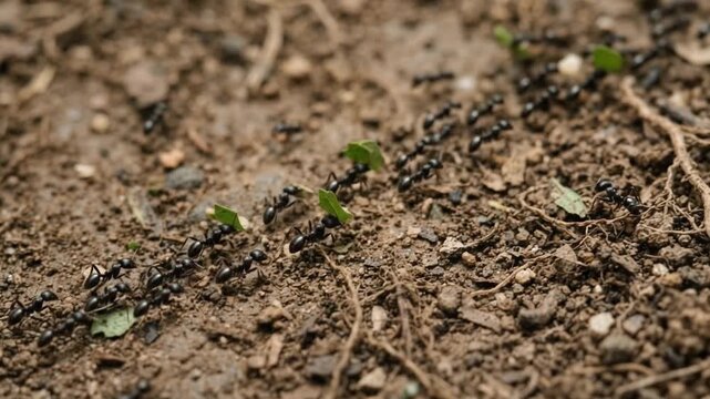Real leafcutter ants carrying green leaves in line on soil, macro close up teamwork, authentic nature footage
