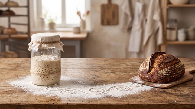 Sourdough starter in a jar and a freshly baked loaf of bread on a rustic wooden table with flour decorations