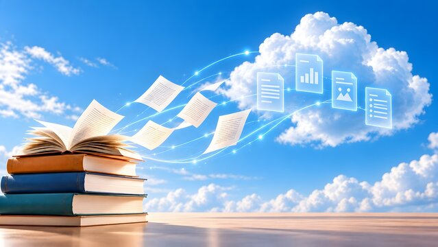 Cloud storage education concept showing physical book pages transforming into glowing digital documents floating into blue sky
