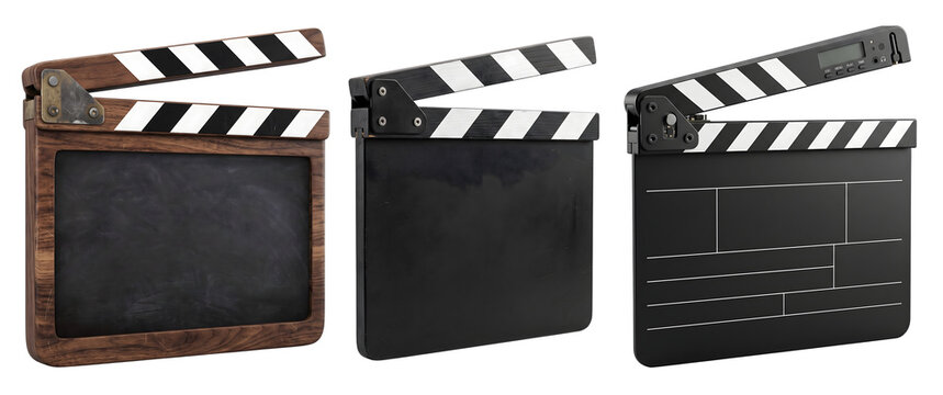 Three film clapperboards, open, showing different designs, isolated on transparent background