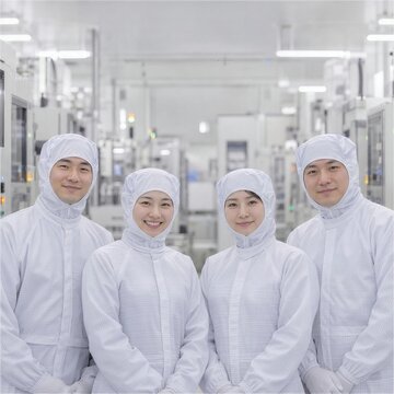 クリーンルームに並ぶ白い防塵服とフードの男女4人