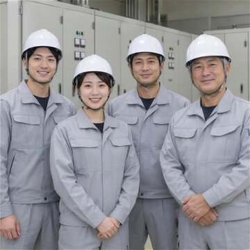 制御盤の前に並ぶ白いヘルメットと作業服の男女4人
