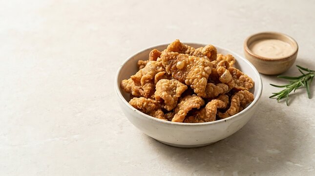 Bowl of healthy dog food with meat chunks and vegetables served with a side of sauce and fresh herbs. golden fried skin