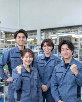 組立現場でガッツポーズをする男女を含む作業服の4人組