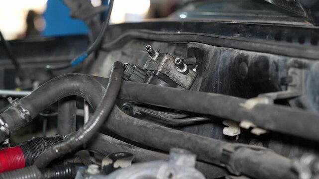 A close-up shot of an EGR solenoid valve mounted on the firewall inside a car engine bay, with disconnected vacuum ports and surrounding rubber hoses.
