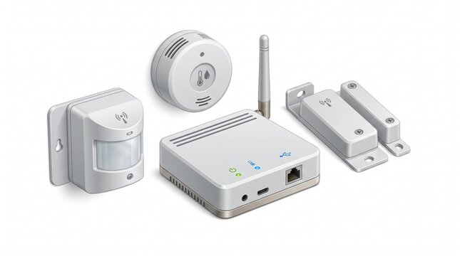 Smart Home Security System Components Including Motion Sensor Door Window Sensors and Hub Isolated on White Background