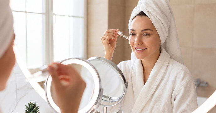 Smiling young woman applying facial serum with dropper looking in illuminated mirror in bright bathroom interior
