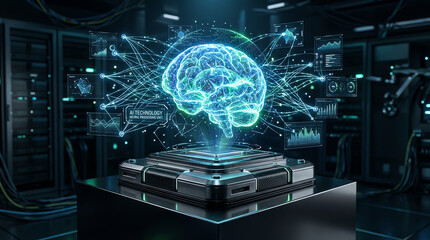 Fototapeta premium Futuristic digital brain hologram glowing above a computer processor in a dark server room data center