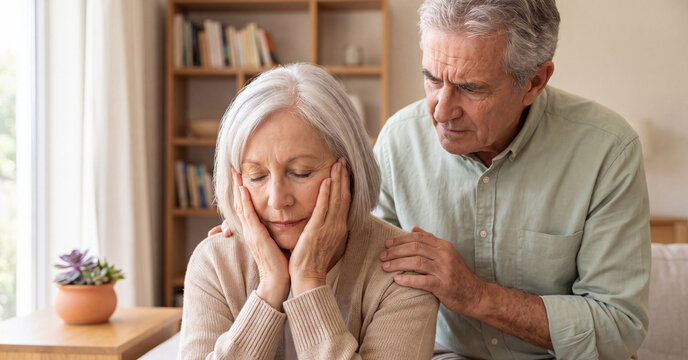 Loving elderly man comforting sad senior woman experiencing grief or headache while sitting indoors at home together