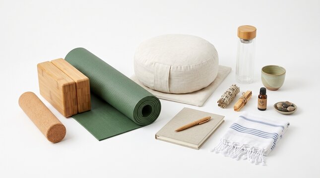 Yoga and Meditation Essentials Collection Including Mat Blocks Cushion Water Bottle Sage Palo Santo Oil and Stones
